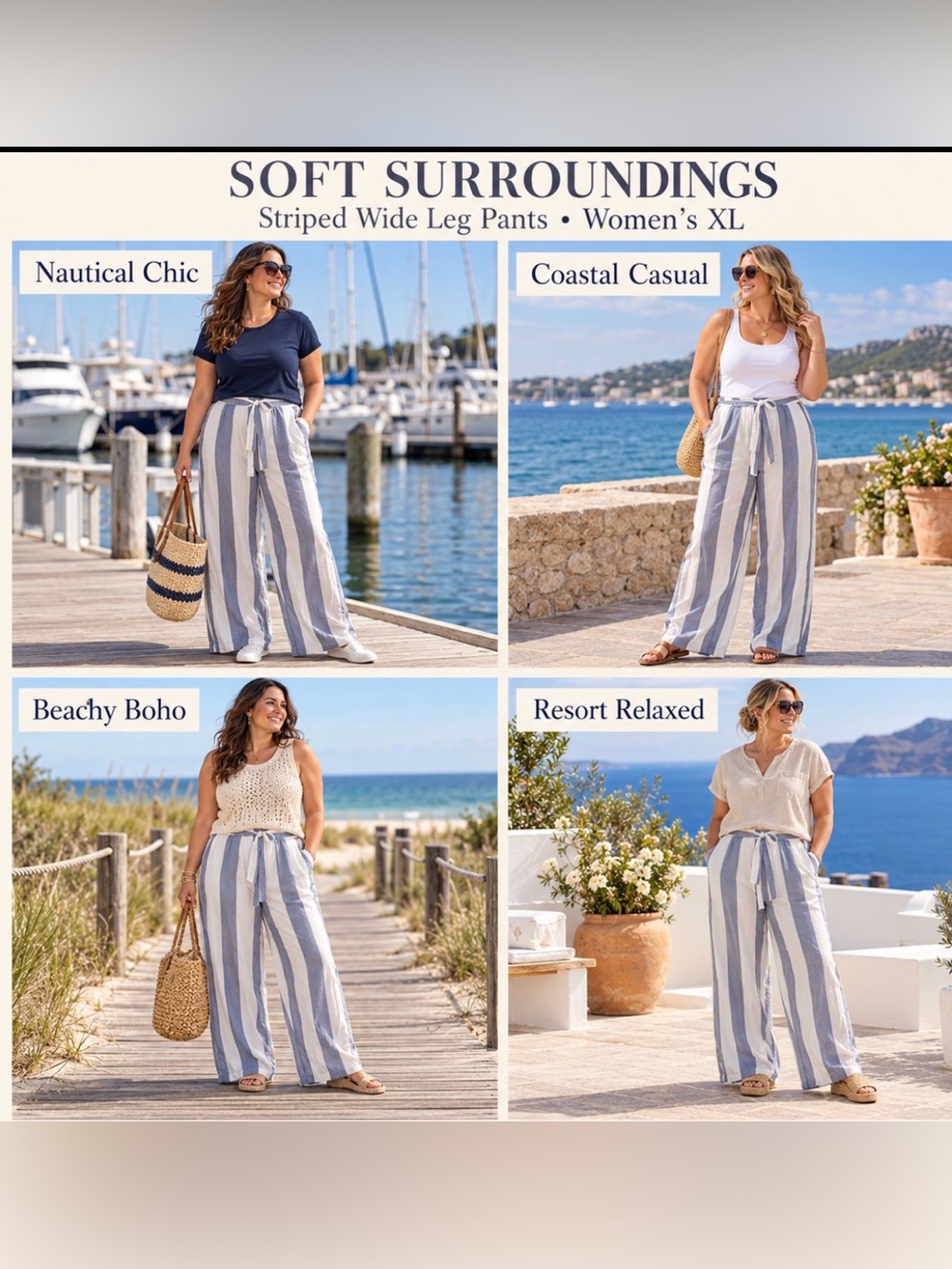 Soft Surrounding Stripes Wide Leg Flare Pant‎ Women XL Nautical Coastal Beachy